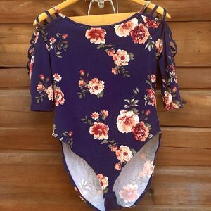 Rue 21 Bodysuit Navy Blue Floral Flower Strappy Shoulders Sleeves Women’s Size S
